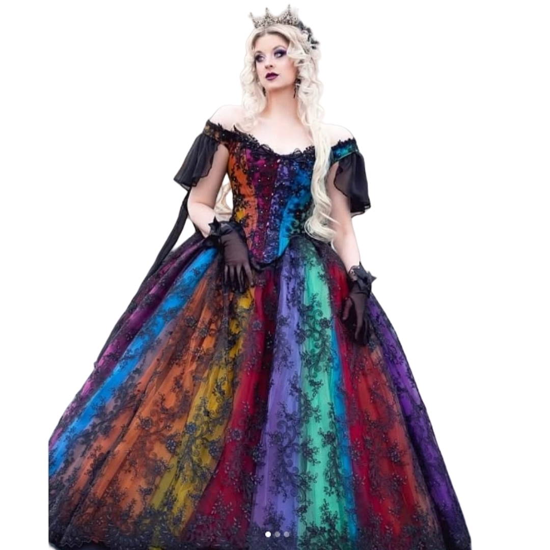 Black Lace Gothic Wedding Dresses Off Shoulder Rainbow Princess Bridal Gown Colorful Vintage Victorian Masquerade Dress 2025