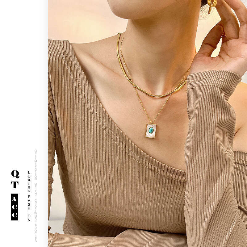 Trendy square fashion natural stone shell gold necklace women's versatile high-end titanium steel jewelry