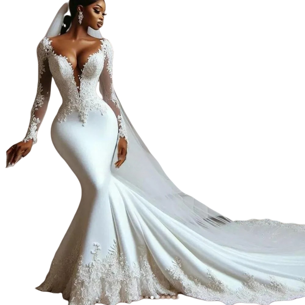 2025 Luxurious Long Sleeves Mermaid Wedding Dresses Lace Appliques White Bridal Gowns Sheer V-neck Chapel Length Elegant Vestido De Novia