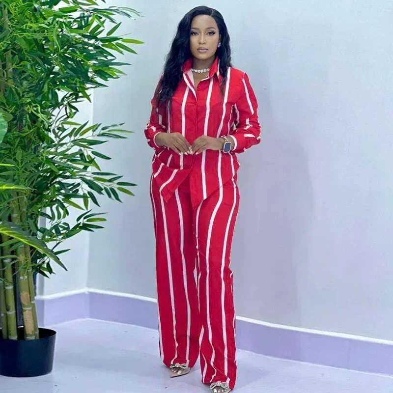 Summer Fashion Stripe African Casual Button Long Sleeved Shirt Wide Leg Pants Two Piece Set Women