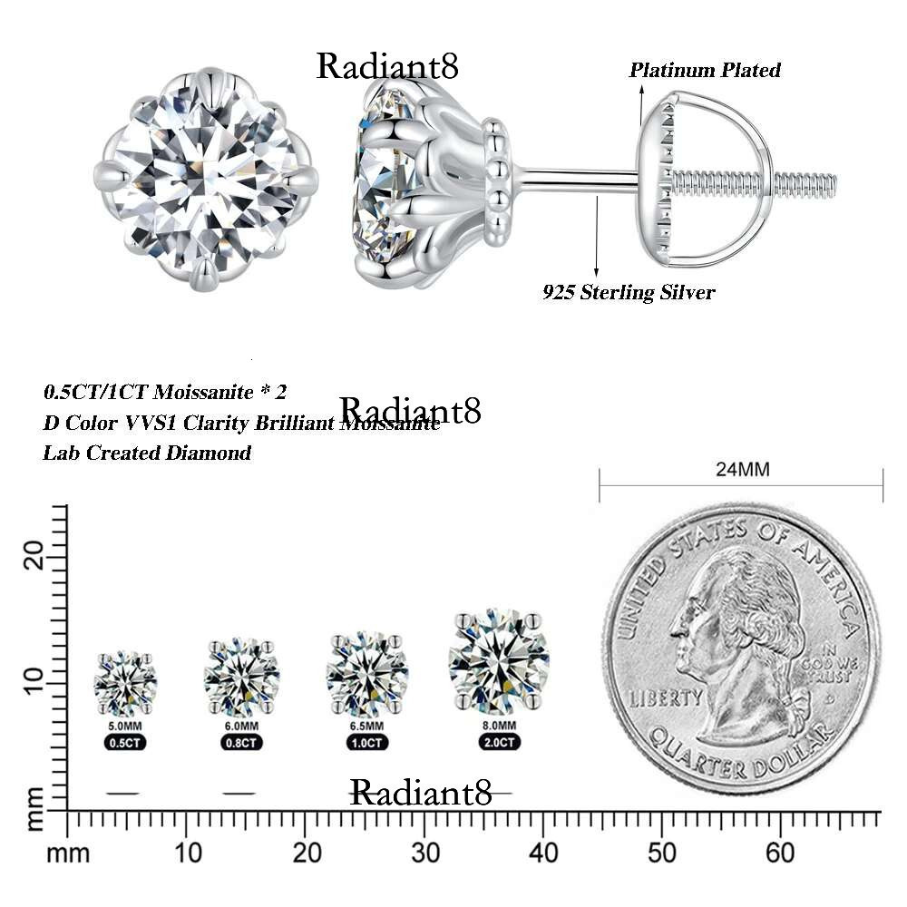 Bamoer U 0.5/1CT D Color VVS1 EX Moissanite Stud S Platinum Plated Earrings Lab Dia Shining Valentine's Day Gift