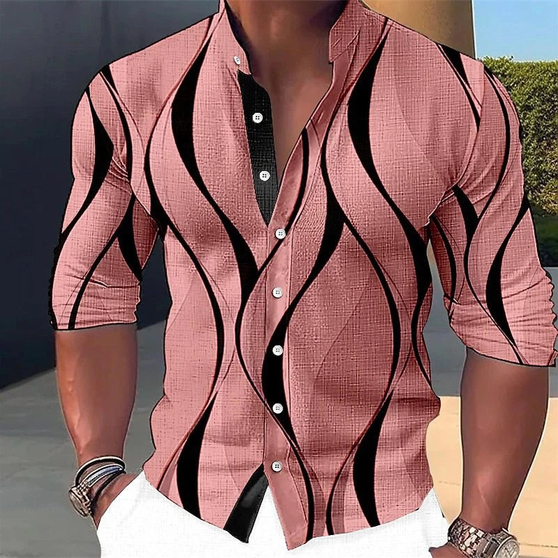 Mens shirt graphic geometric standing collar outdoor street long sleeved printed clothing fashion casual 250227Z