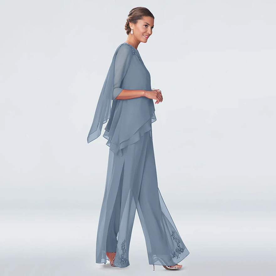Chiffon Mother Of The Bride Dresses Plus Size 2 Pieces Applique Women Groom Formal Pantsuits Wedding Guest Dresses Customized