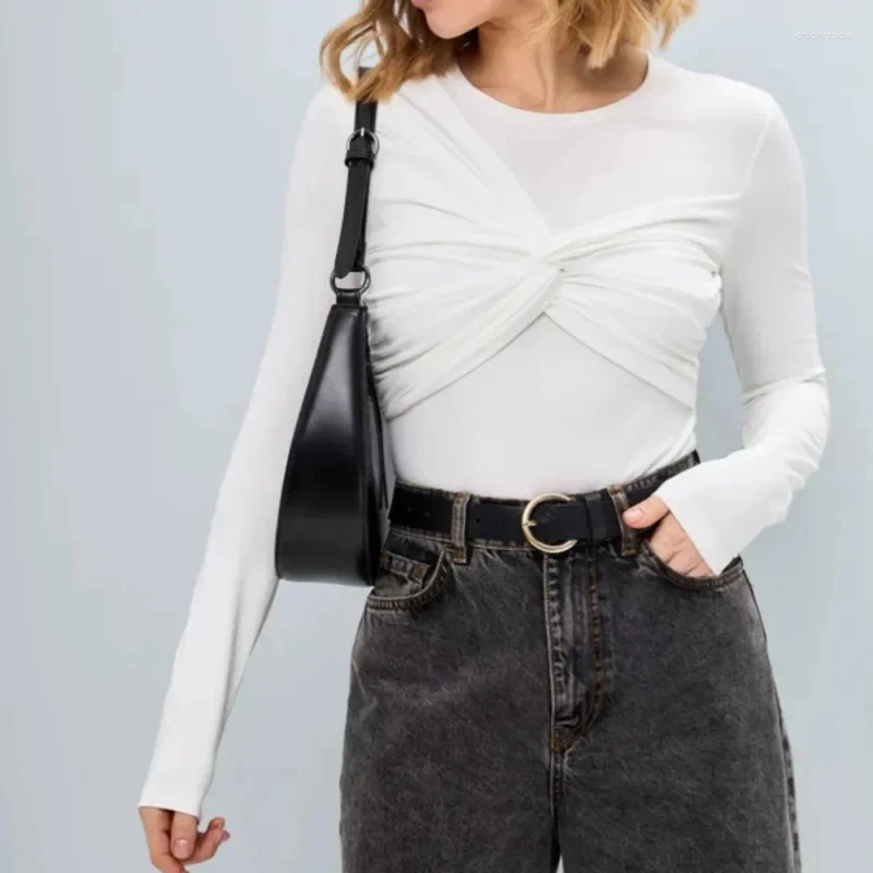 Women's Polos Tops Tees Jumpsuit Round Neck Long Sleeved Tight Fitting Eur America Sexy Pleated High Street Mid Waist Top
