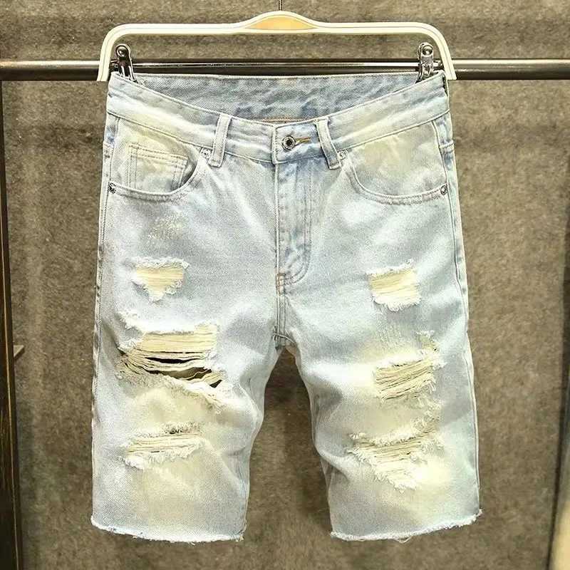 2024 Summer New Fashion Solid Color Ripped Stretch Denim Shorts Mens Casual Slim Comfort High Quality Plus Size Shorts 28-36T250305