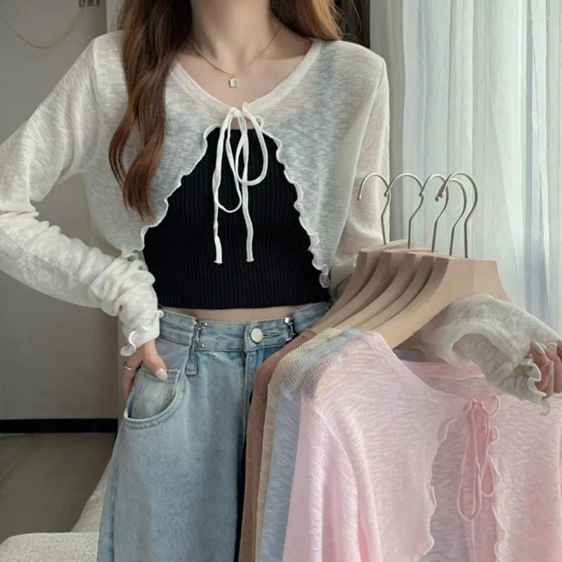 Womens Knits Summer Women Thin Sunscreen Cardigan Lace-up Knitwear Tops Female Korean Style Lantern Sleeve Short Coat Casual Sun Protected
