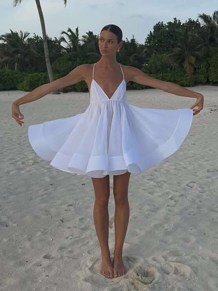 Summer Beach Pleated Women's Maxi Dress Sweet V Neck Sleeveless Lace Up Short Dresses Female Elegant Solid Lady Ball Gown Party