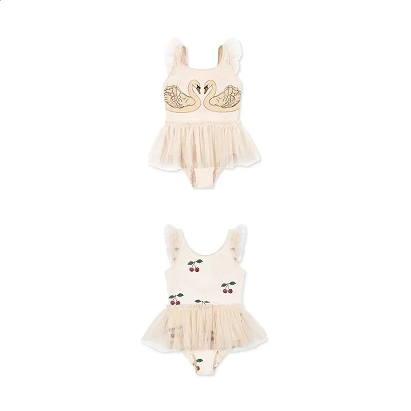 Princess Mesh Swimsuit Baby Girl Swan Cherry Sling Cute Swimming Suit Quick Drying Sun Protection Swim Wear with Cap H8126 250304
