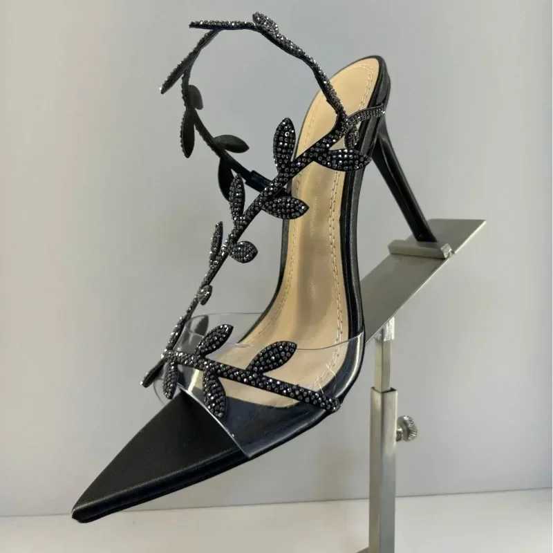 Designer Rhine Leaf Decorated Stiletto Sandals Women Sexy Pointed Toe Transparent Pvc Strap High Heels Summer Party ShoesXJ2500305