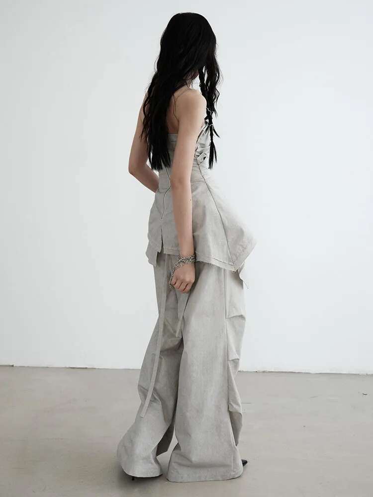 High Waist Gray Drawstring Ruffles Pleated Long Wide Leg Pants New Trousers Women Fashion Tide Spring Autumn