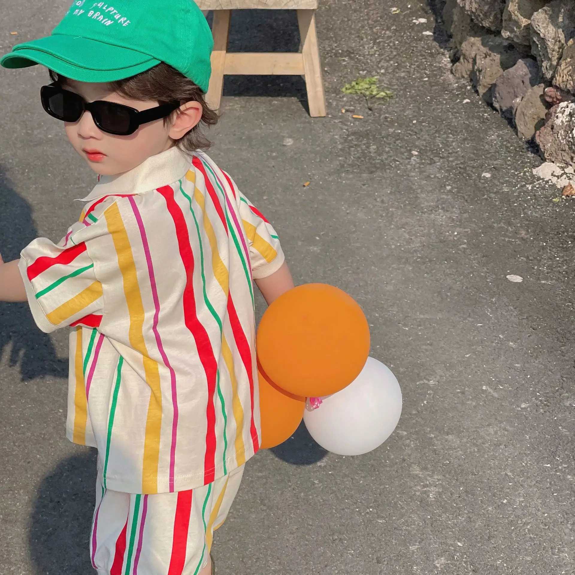 Summer Childrens Striped Knitted Set Kids Girls Polo Dress Boys Short Sleeved Shorts Set Siblings Attire Kids Boys ClothesXJ250305
