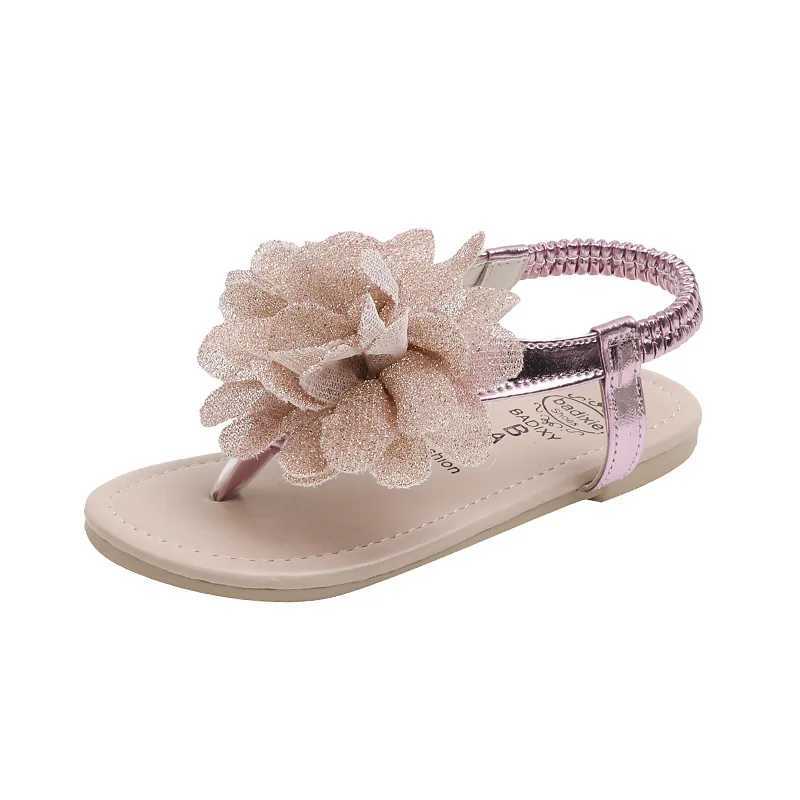 Girls Sandals 2023 Summer New Bling Flowers Baby Children Fashion Soft Bottom Student Shoes Kids Slippers Pink Flats Flip Flops X250305