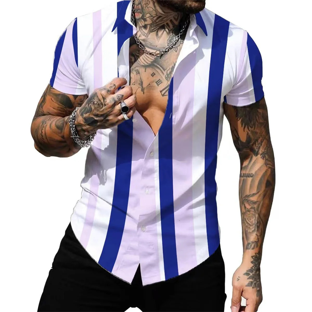 Striped colored shirt casual outdoor street party mens highquality button down Tshirt short sleeved 2023 250227Z