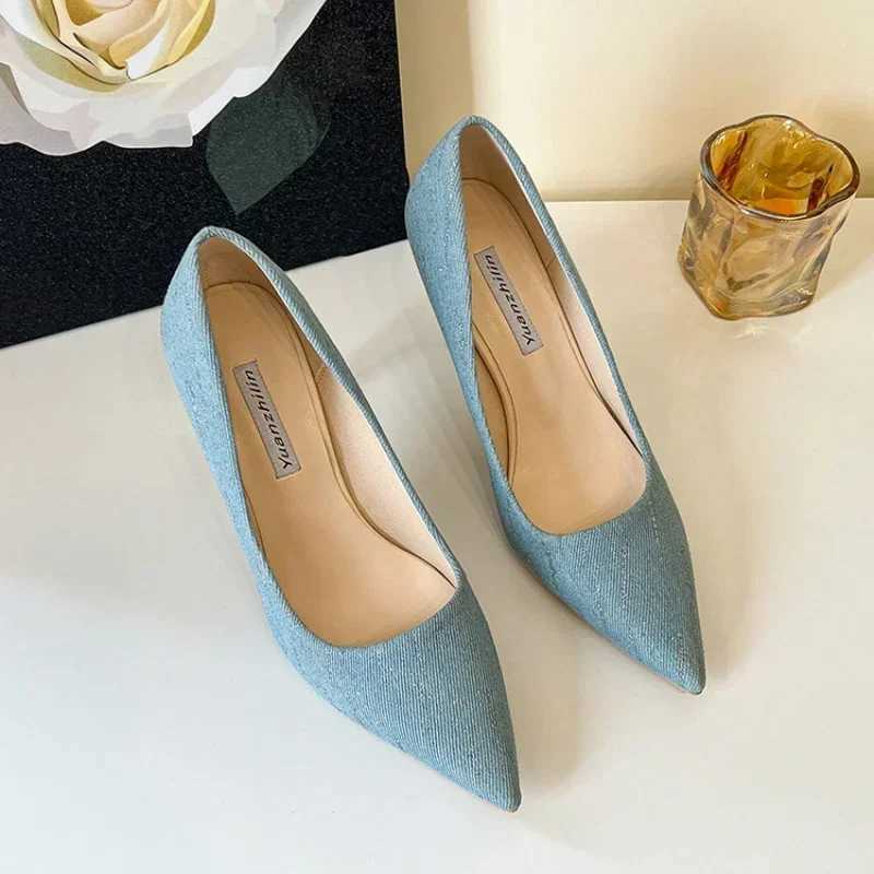 Size Up Shoes Fi Wen Summer High H Wedding Shoes Denim Pointed Stiletto High Heels Work Shoes 8cm High H Y250304