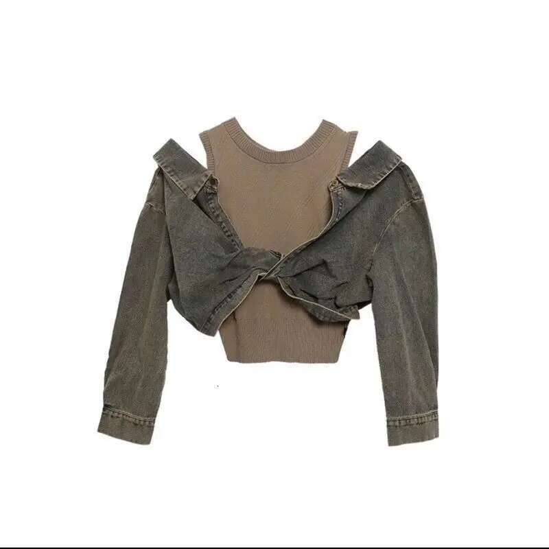 hoodie European Fake Two-Piece Spliced Off Shoulder Denim Shirt Women's Autumn New Vintage Punk Waste Land Fashion Sweet Top jacket