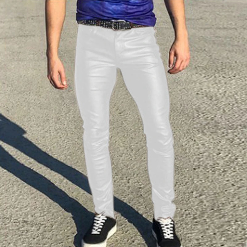 Fashionable mens ultrathin slim fit leather pants solid color mid waist tight elastic PU Trousers 2023 springsummer streetwear retro 250304
