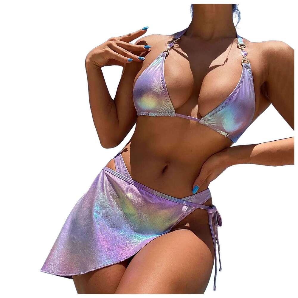 Rhie Sexy Bikini Set 2024 Women Purple Illusory Push Up Skirt 3 Piece Swimsuit Beach Bathing Suit Thong Swimwear Km-Ly