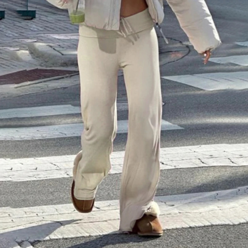 Cuteandpsycho Casual Solid Basic Pants Y2K Chic Floor Length Bottoms Vintage Aesthetic Mid Waist Drawstring Straight Trousers 250304