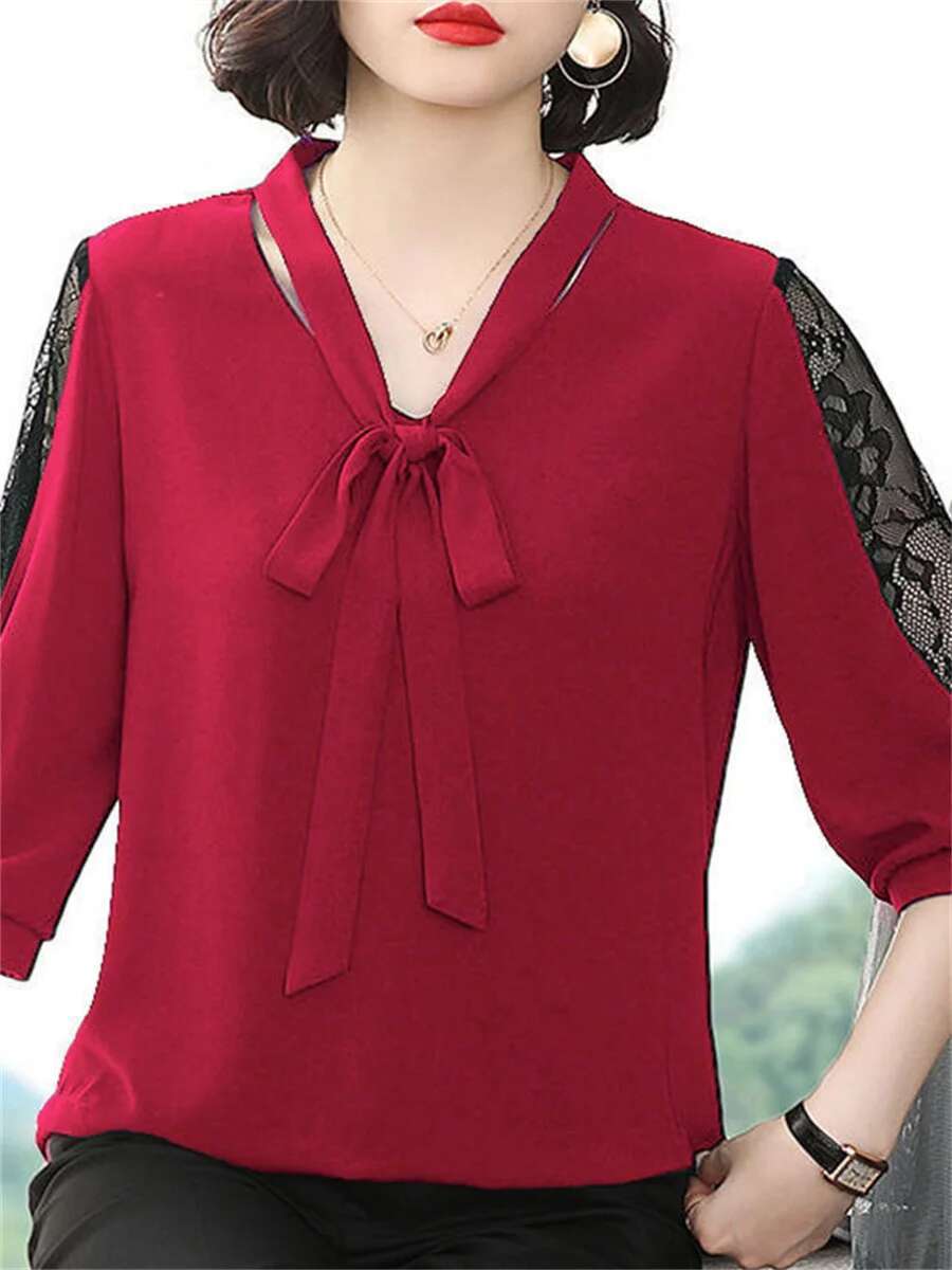 Women Spring Summer Style Blouses Lady Casual Bow Tie Colloar Half Lace Sleeve Loose Blusas Tops Df4275