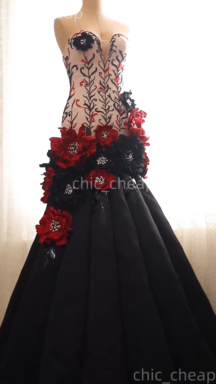 2025 Black Red Mermaid Prom Dresses Beaded Pearls Flowers Satin Evening Formal Party Second Birthday Engagement Gowns Plus Size Dress For Special Occa