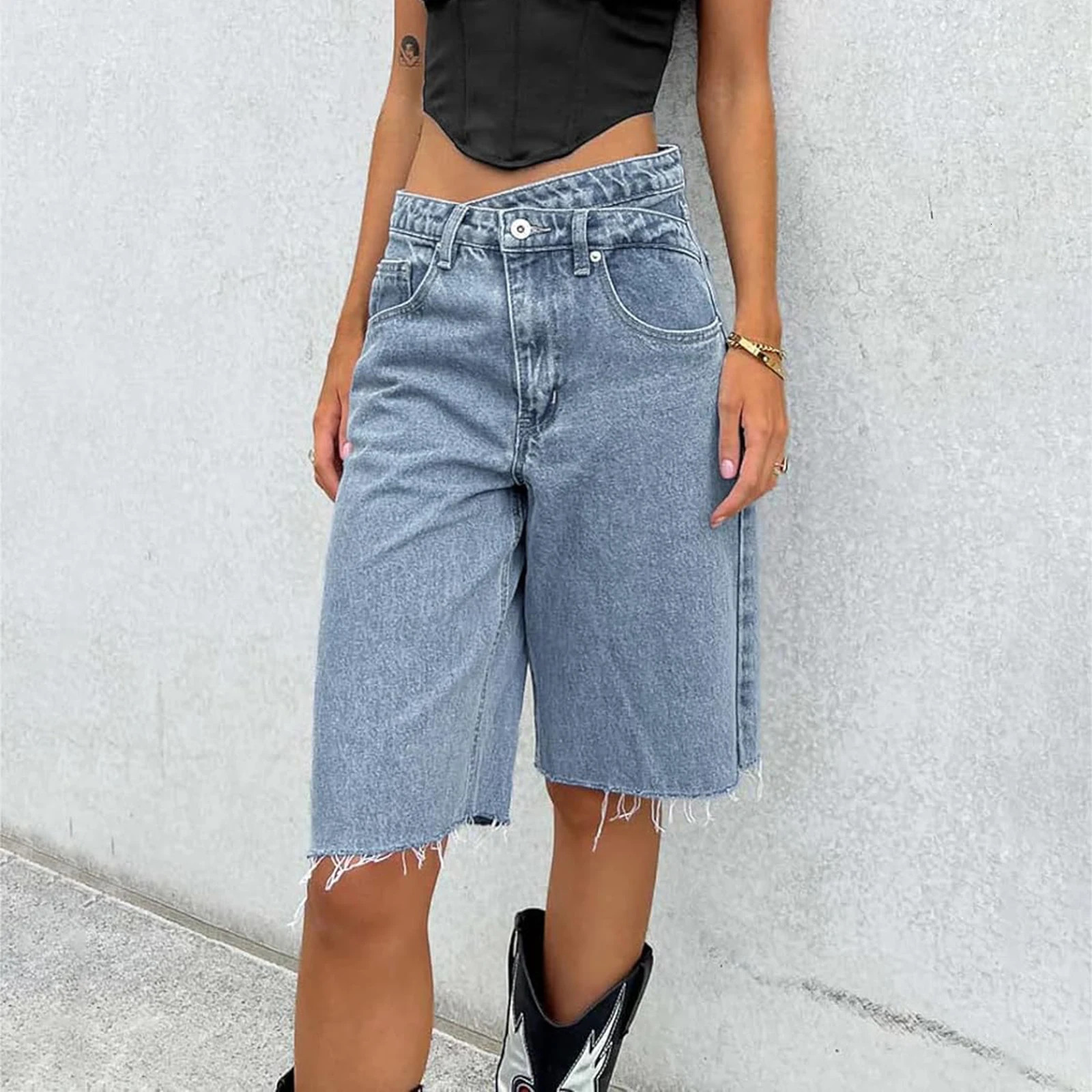 Imcute Women Y2K Baggy Jorts Jean Shorts Retro High Waisted Raw Hem Carpenter Long Shorts Straight Leg Cropped Denim Pants 250304