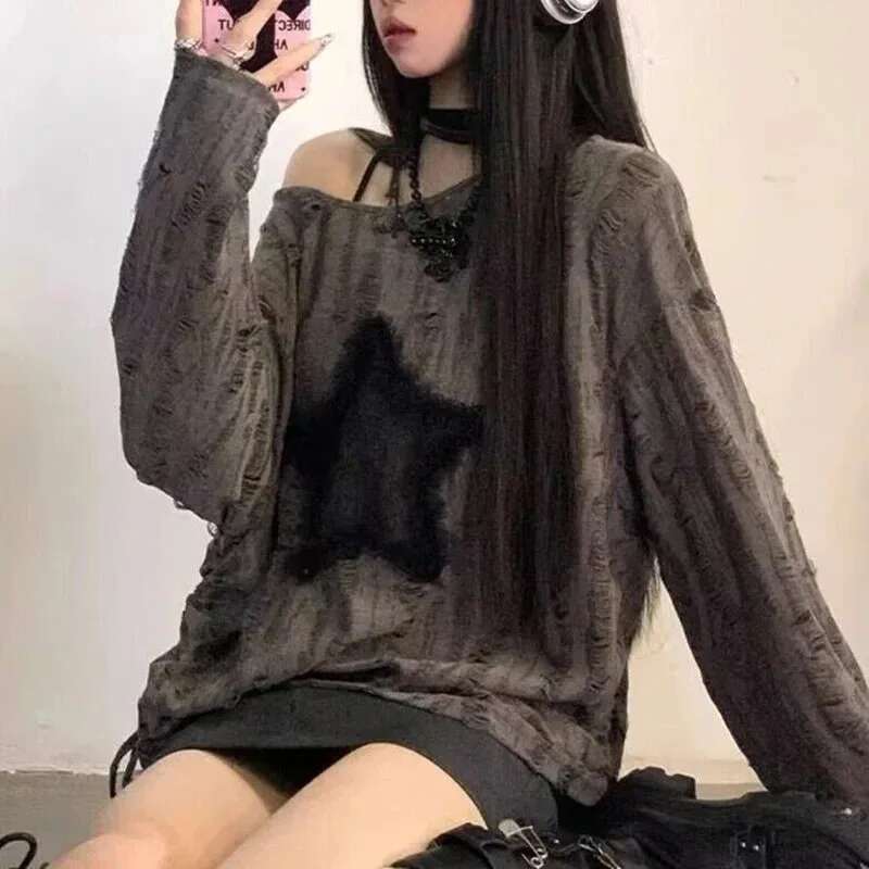 Y2k Hole Star Print T-Shirt Women Fashion Streetwear Off Shoulder Tops Summer Oversized Kpop Long Sleeve Loose Tees Ladies New