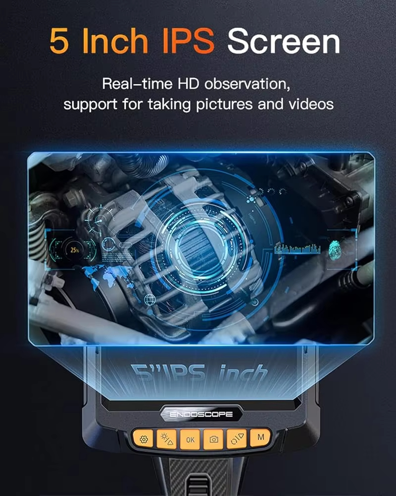 360 degrees Steering Industrial Endoscope Camera 8mm 5inch IPS Screen Single&Dual Lens Inspection Borescope 1080P For Car Engine Pip