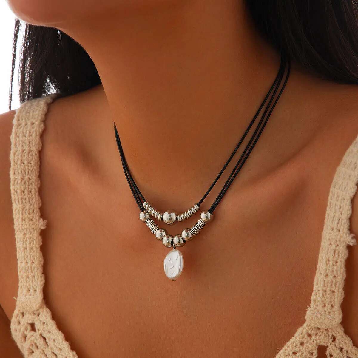 KunJoe Vintage Multilayer Leather Rope Chain Plastic Beads Choker Short Women Simple Imitation Pearl Pendant Necklace
