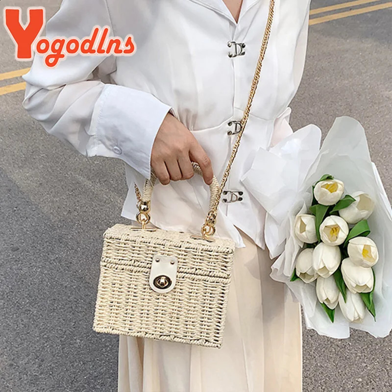 Yogodlns Summer Straw Bag Women Handmade Rattan Box Shoulder Bag Travel Vacation Beach Bag High Quality Square Bag Purse Bolsa 250304