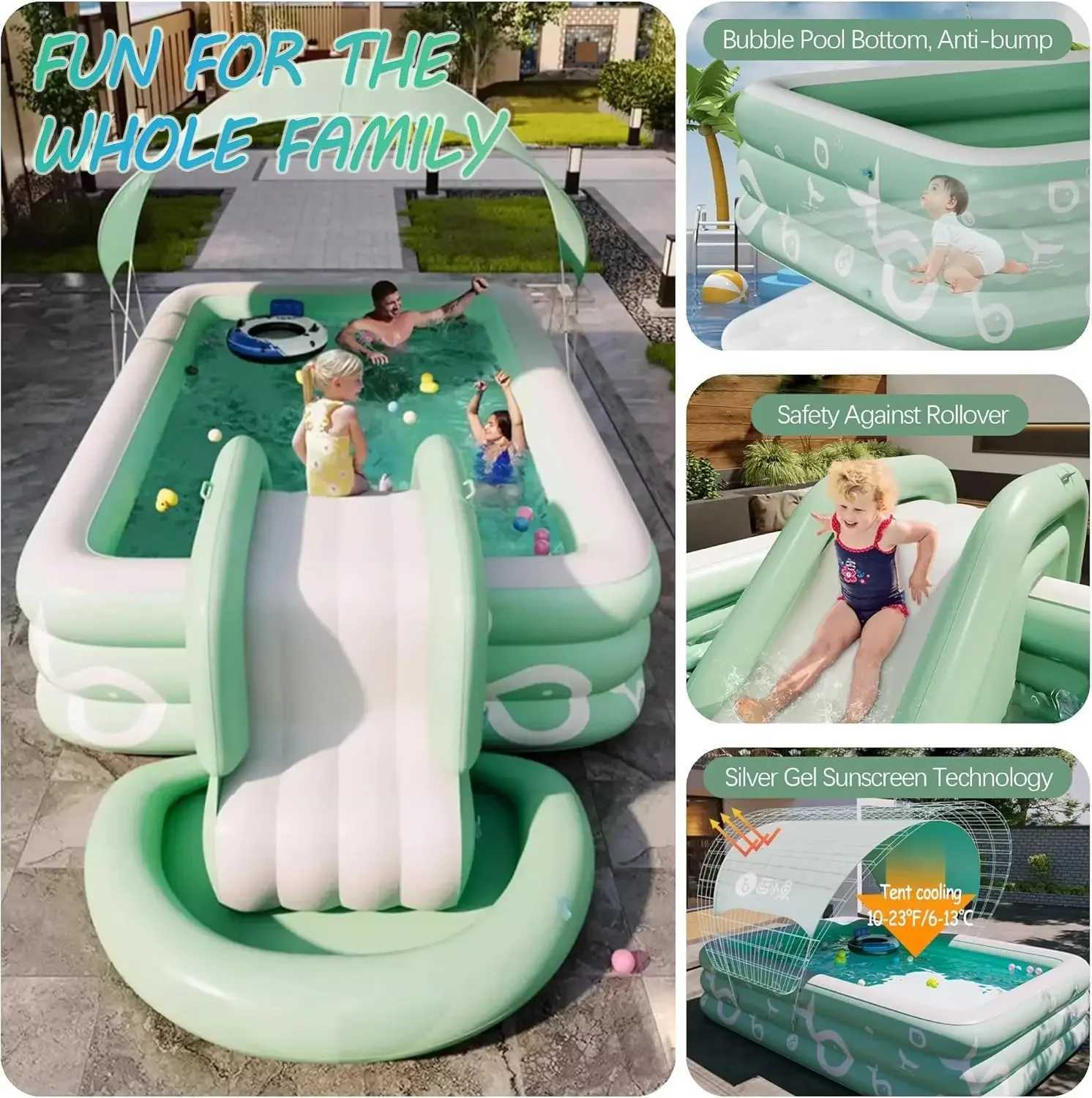 Inflatable Pool with Canopy and SlideLarge Inflatable Swimming Pool for PersonsFamily Pool for Backyard OutdoorXJ250305