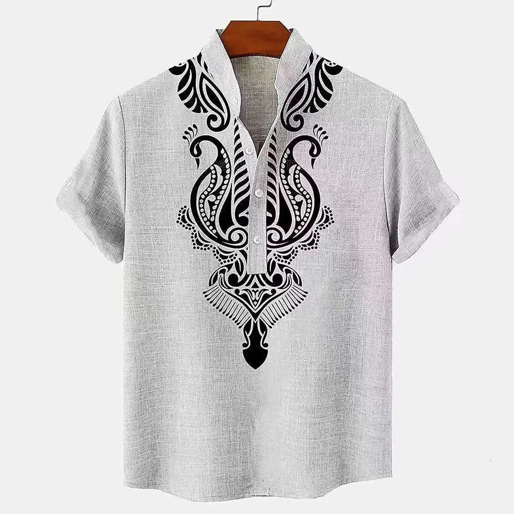 Linen Mens Tribal Totem Short Sleeve Shirt Half Cardigan Button Stand Collar TShirt Top 250227