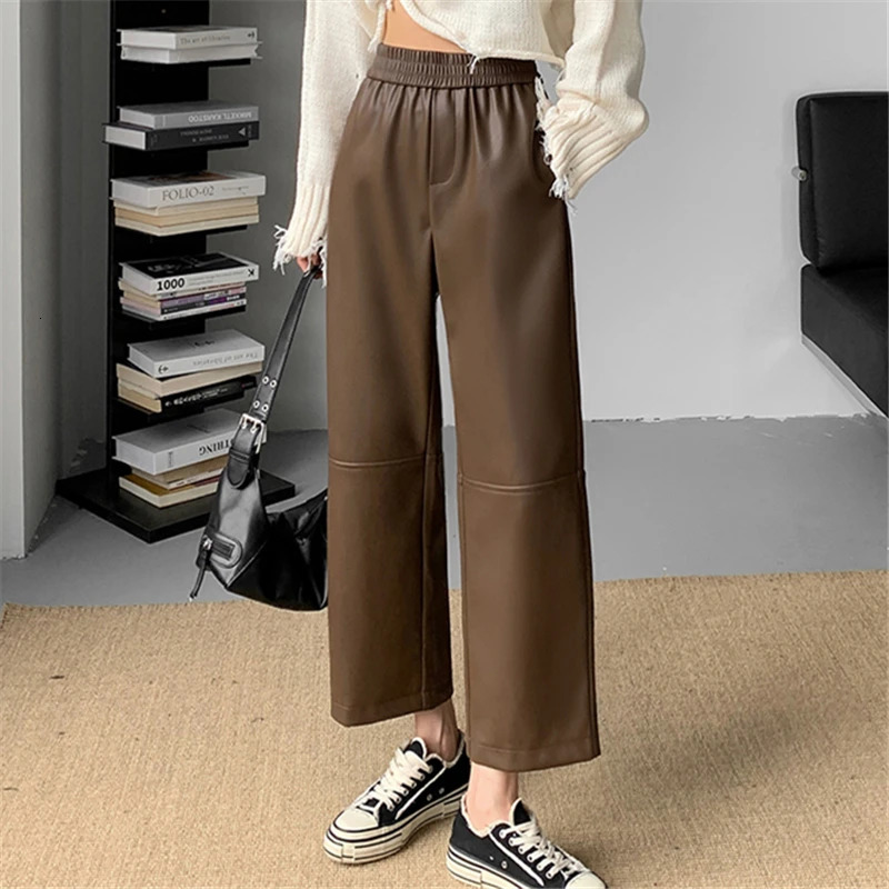 Autumn Winter PU Leather Womens Ankle Length Pants 2024 Korean High Waist Black Straight Loose Pocket Female 250304
