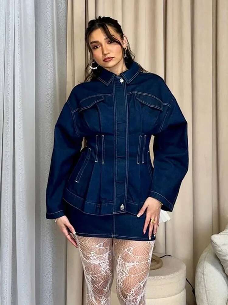 Waist Cinched Denim Top Coat Lapel Commuter Workwear Pocket Mid Length Slimming Jacket 2025 Spring Fashion Street Women Overcoat