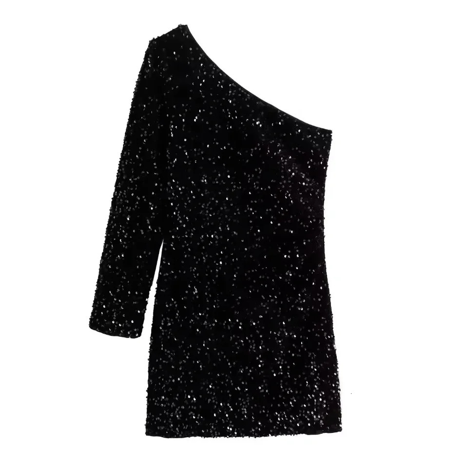 TRAF one shoulder long dress for women sparkling sequins backless sexy evening party vest ultrathin pleated edge summer 250304