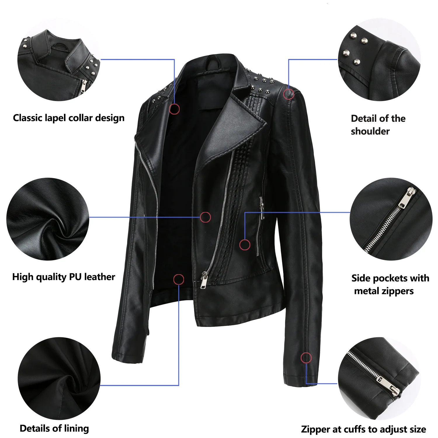 Womens Punk Rivet Leather Jacket Spring Autumn Retro Turndown Collar Slim Casual Ladies Faux Soft Moto Biker Outerwear 250226