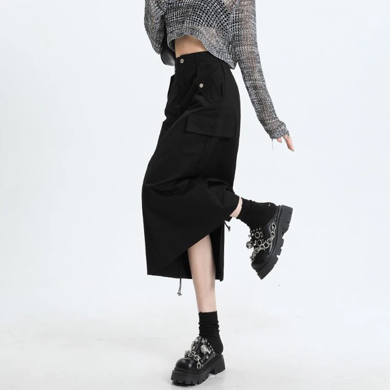 American Retro Cargo Skirt for Women Summer Drawstring High Waist Mid-length Skirt Woman Y2k Streetwear Pocket Skirts 250228