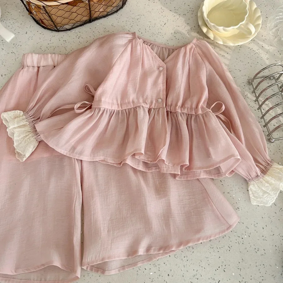 Childrens Sets Advanced Sense Girls Summer Shirt Skirt Two Pieces Simple Button Elastic Waist Pleated Fashion 250326