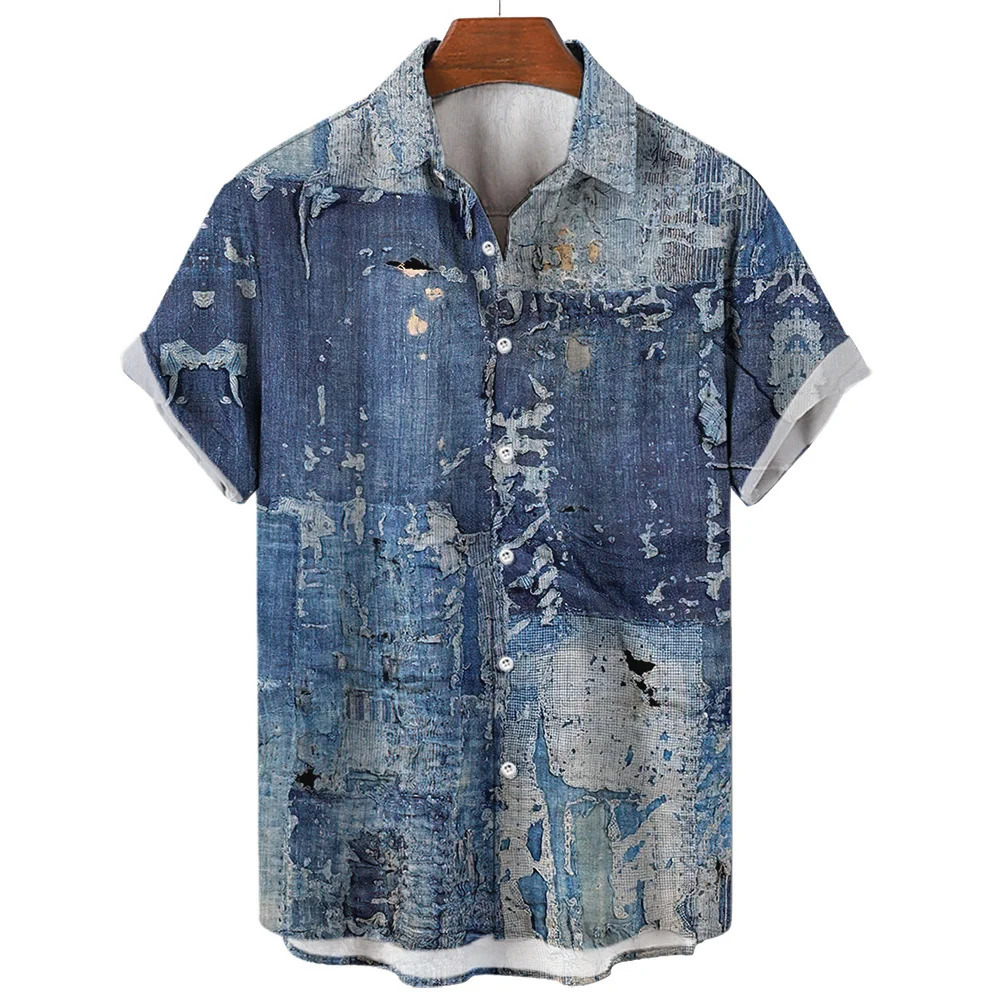 Vintage Shirts For Men 3D Print ShortSleeved Casual Lapel Shirt Oversized Mens Clothing Patchwork Tees Tops Plaid Streetwear 250227