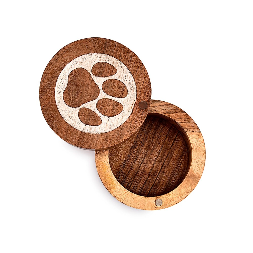 Wood Decorative Urns Round Shape White Paws Design Urn for Ashes for Dogs, Pet Urns for Cats (3.5" x 3.5" x 2.5")