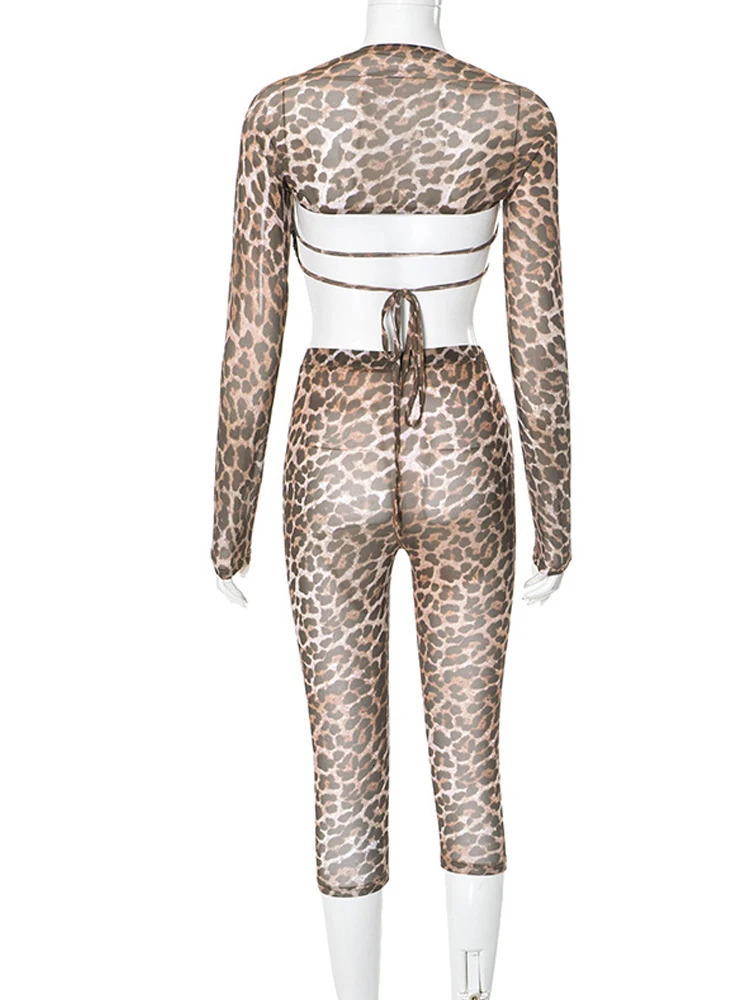 Weird Puss Sexy 3 Piece Set Women Leopard Print Mesh Full Sleeve ShawlBandage Metal Buckle BrPants Street Trend Matching Suit 250304