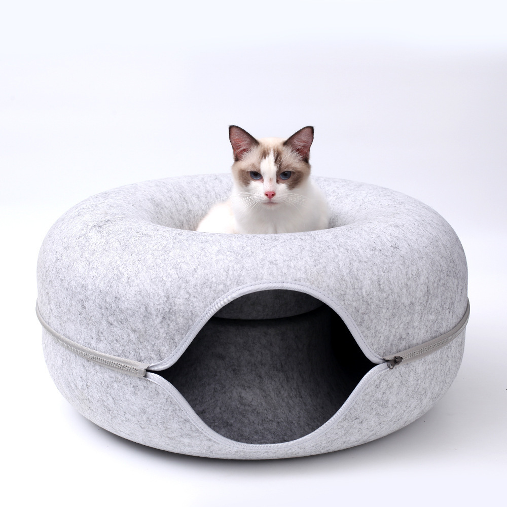2025 Toys Cat Nest Donut Tunnel Bed Pets House Natural Felt Pet Cave Round Wool for Small Dogs Interactive Play Toycat (Upgraded version thicker + Cat