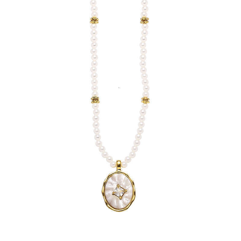 Brass Plated True Gold Instagram French Style Zircon Stone Imitation Pearl Natural Mother Shell Pendant Necklace Ornament for Women