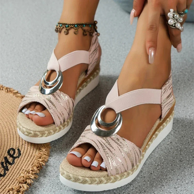 Summer Round Toe Wedge Shoes Casual Fashion Sexy Hollow Comfortable Womens Sandals Striped Fish Mouth 250228