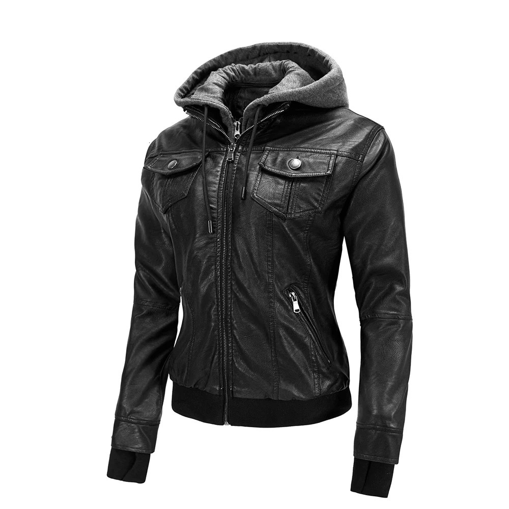2024 Womens Motorcycle Leather PU Hooded Washed Jacket Coat Zipper Vintage Lapel 250225
