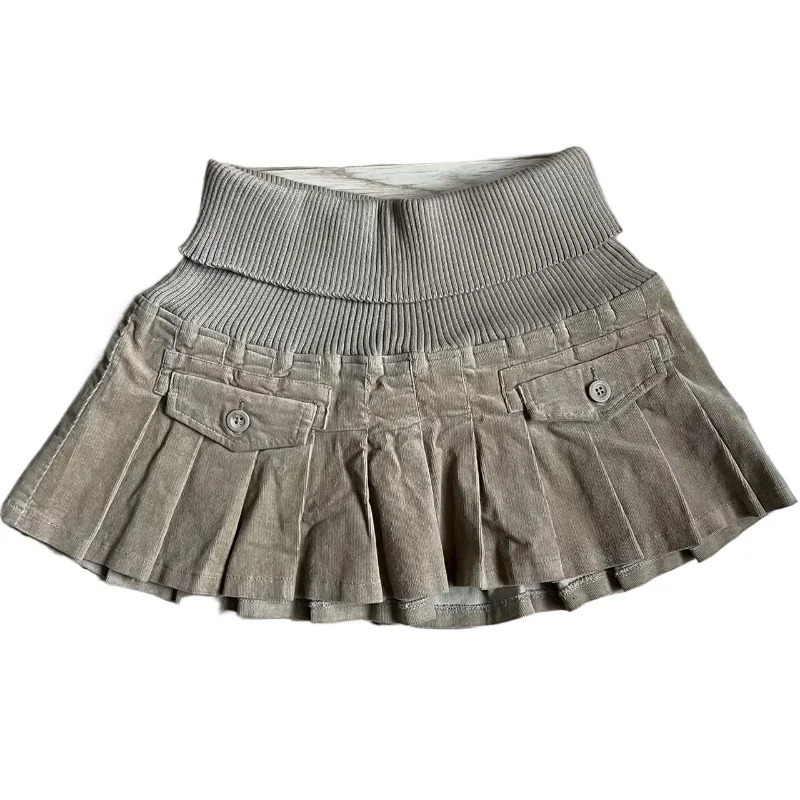 Autumn and Winter Elastic Belt Mini Skirt Women Y2K Gothic pleated skirt Retro high-waisted skirt 250304