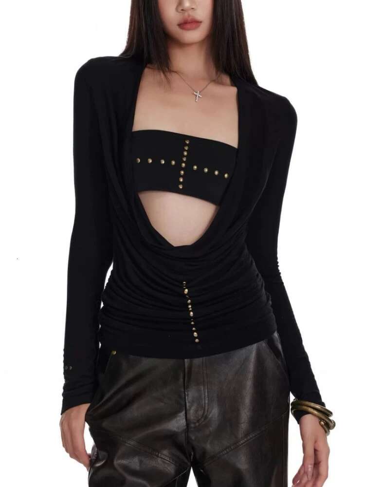 Two Pieces Set Punk Cross Rivets Sexy Women Strapless + Slim Haruku Vintage Solid Knitted T-Shirt Y2k Aesthetic Fashion Outfit