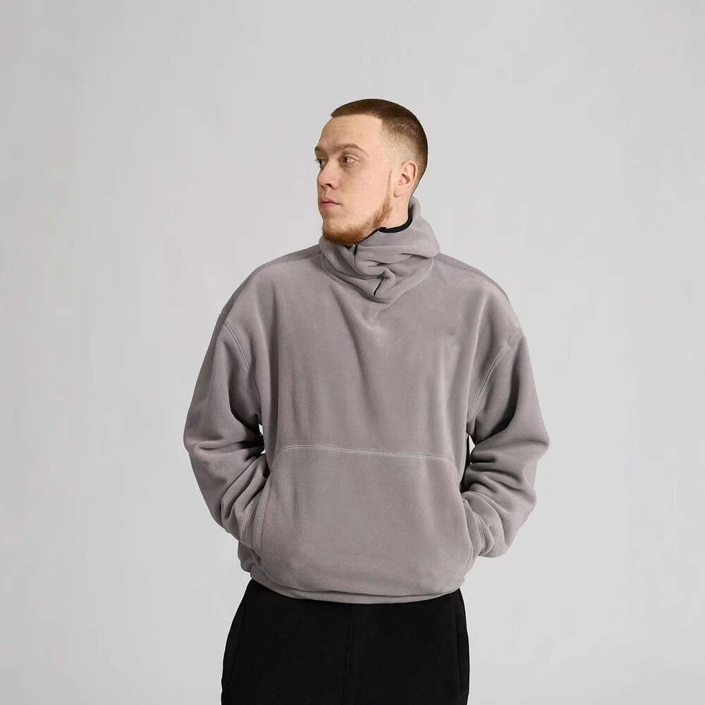 Polar fleece hip-hop high street solid color ninja hooded men's half zip hoodie pullover top