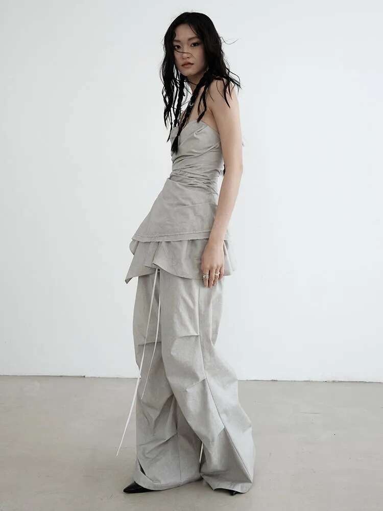 High Waist Gray Drawstring Ruffles Pleated Long Wide Leg Pants New Trousers Women Fashion Tide Spring Autumn