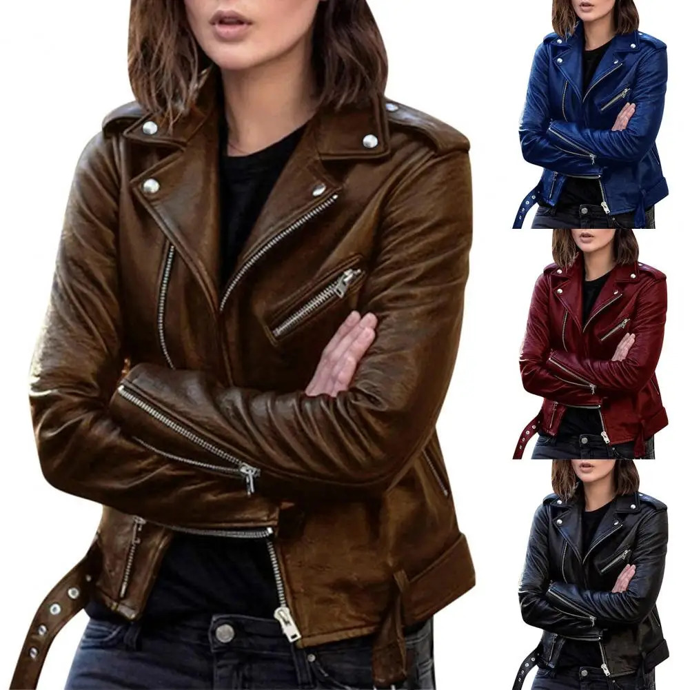 Autumn Short Jacket Solid Female Moto Biker Jackets Thin Ladies Cool Faux Leather Slim Outwear 250226