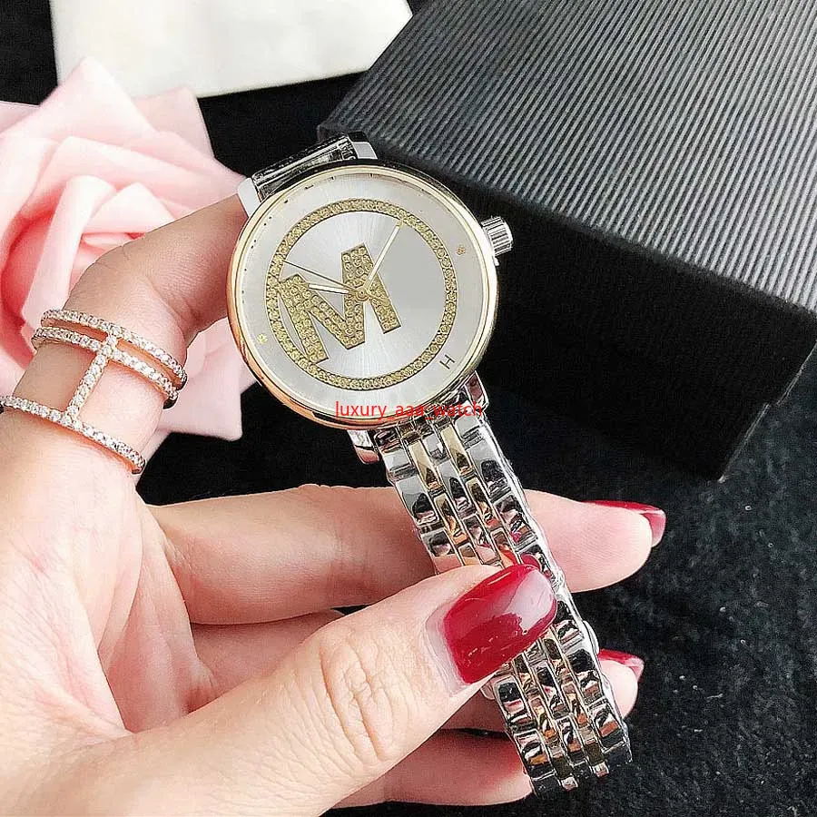 Brand Watch Women Girl Crystal Big Letters Style Metal Steel Band Quartz Wrist Watches M128 KAI